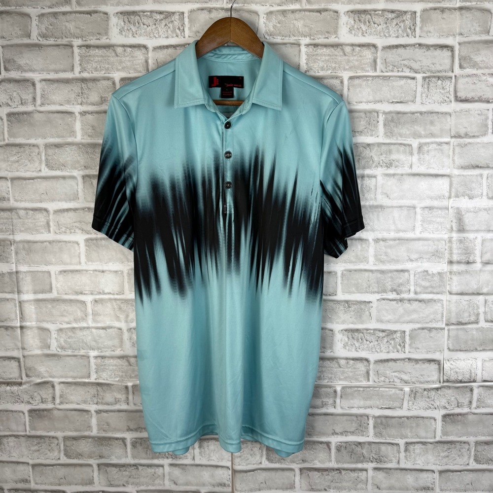 Jamie Sadock Mens Aqua Blue Black Abstract Print Golf Polo Shirt Large STAINED